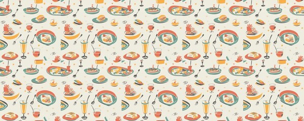 Wall Mural - seamless pattern of mid century modern food pattern teal orange retro dessert drinks joyful festive 