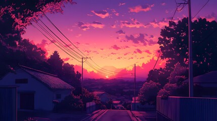 Poster - Vibrant sunset over a quiet residential street.