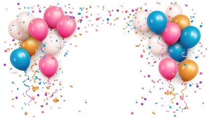 Poster - Brightly colored balloons, confetti, and ribbons are arranged on a blank white background, perfect for party planning or invitations. Generative AI