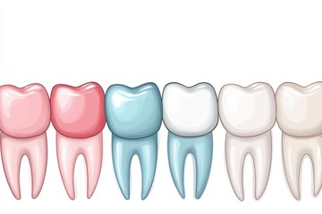 Aufkleber - Illustration displays a dental row consisting of healthy teeth and colored implants, set against a clean white background for text inclusion. Generative AI