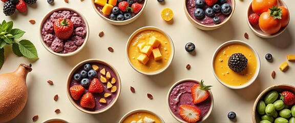 Wall Mural - A variety of bowls filled with different fruits and vegetables. The bowls are arranged in a way that they look like a colorful fruit salad