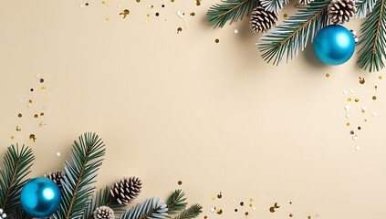Aufkleber - Vertical photo of spruce branches with frost pine cones white blue gold baubles confetti on isolated beige background amidst empty space._00001_