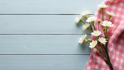 Aufkleber - Soft pink plaid and delicate white gypsophila flowers adorn a minimalist grey wooden tabletop setting with plenty of empty space around them._00001_