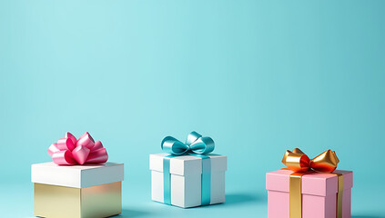 Aufkleber - Photograph of colorful decorative presents in shiny white blue and gold boxes set against a soft pastel blue background with ample empty space._00001_
