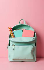 Aufkleber - Open sage backpack features stationery, colorful copybooks, diary, and pens on a soft pastel pink background with plenty of empty space._00001_