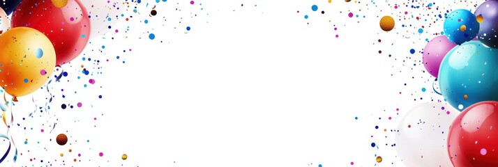 Poster - Colorful balloons, vibrant confetti, and shiny ribbons are displayed on a clean white background, perfect for festive invitations or announcements. Generative AI