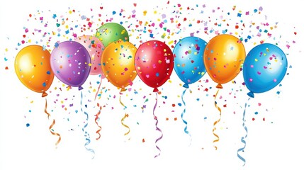 Poster - Vibrant balloons in various colors are scattered with confetti, offering a joyful setting for party invitations or event announcements. Generative AI