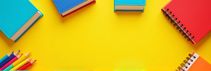Aufkleber - Colorful school supplies are displayed in a flat lay with a variety of items on a bright yellow background to create a visually appealing scene._00001_