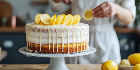 Wall Mural - A beautifully decorated lemon cake sits on a stand. The cake features a creamy frosting and lemon slices on top. Perfect for celebrations or a casual treat. Fresh and inviting. AI