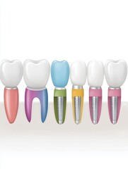 Aufkleber - Schematic illustrates a row of healthy teeth with colored dental implants, designed for educational purposes with clear space for text inclusion. Generative AI