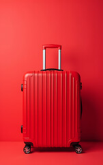 Aufkleber - A trendy red suitcase sits atop a vibrant red background, perfect for showcasing promotional content with ample space for text overlay._00001_