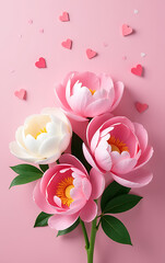 Aufkleber - A serene image features a lush bouquet of bright pink and white peonies set against a soft pastel pink background with scattered confetti hearts._00001_