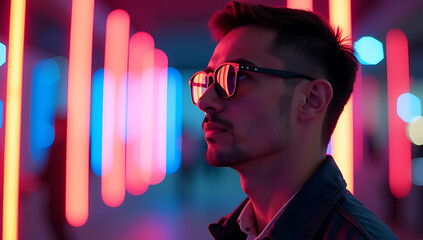 Poster - A person with glasses stands out against a neon light background, displaying bright colors and a futuristic style created by artificial intelligence._00001_