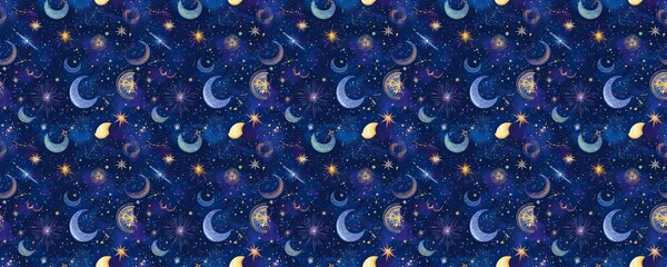 Wall Mural - Night sky pattern with moons and stars.