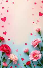 Aufkleber - A colorful scene featuring blooming carnations, hearts, and confetti, set against a soft pastel background with room for personalization._00001_