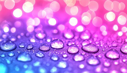Poster - Vibrant water droplets rest on a surface, reflecting a colorful bokeh background