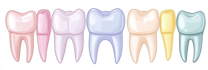 Aufkleber - Colorful dental implants are displayed among healthy teeth on a white background, providing a clear visual for educational use with space for text. Generative AI