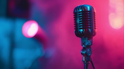 Poster - Close up of a vintage microphone on a stage illuminated by vibrant pink and blue bokeh lights, creating a captivating atmosphere for a live performance or music event