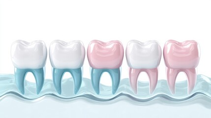 Aufkleber - Detailed diagram illustrating a dental row with colorful implants integrated among healthy white teeth, designed for informative purposes. Generative AI