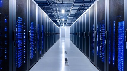 Poster - Modern server room with rows of black server racks, illuminated with blue lights.  Empty hallway leads to a white door.  High-tech, industrial interior.