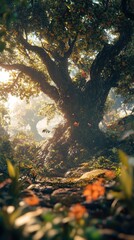 Wall Mural - Majestic ancient tree surrounded by vibrant foliage in a serene forest setting during golden hour