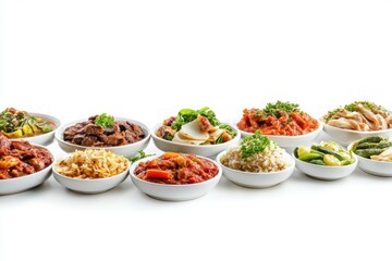 Poster - An array of Italian, Japanese, and Mexican dishes is beautifully arranged on a white background, ideal for culinary promotions or menus. Generative AI