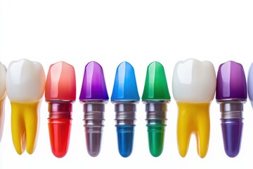 Aufkleber - Colorful dental implants are displayed among healthy teeth in a clean design, offering clear visual guidance for dental professionals. Generative AI