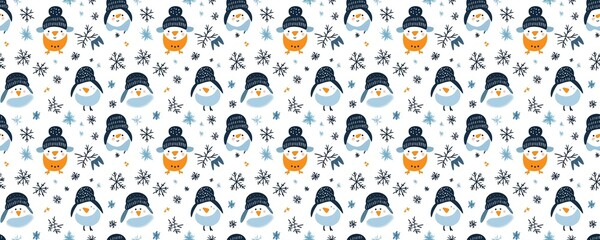 Wall Mural - seamless pattern of Adorable winter birds in blue orange and navy hats snowflakes cheerful holiday pattern 