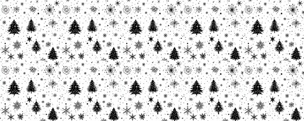 Wall Mural - seamless pattern of Black white Christmas trees snowflakes winter festive pattern design 