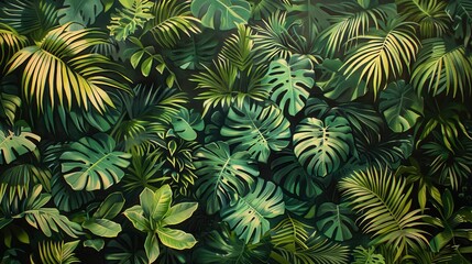 Wall Mural - Vibrant green tropical foliage captured in a dense arrangement showcasing various plant leaves