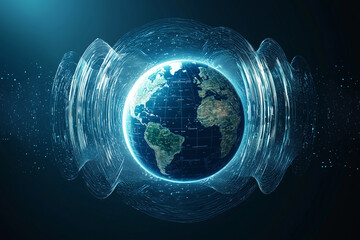 Poster - glowing globe surrounded by digital sound waves, symbolizing global communication and connectivity. image conveys futuristic and technological theme with focus on Earth