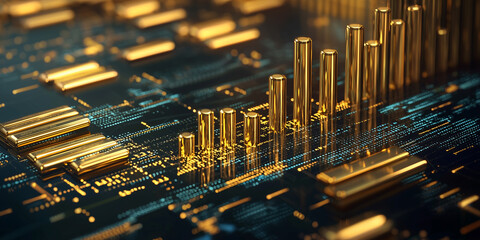Poster - digital graph with golden bars rising symbolizes financial growth and success, set against futuristic circuit board background, highlighting technology and innovation