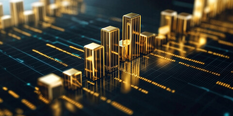 Poster - Golden bars rise on digital graph, symbolizing financial growth and success. futuristic design highlights data analysis and economic trends, creating sense of prosperity