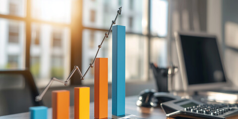 Aufkleber - dynamic bar graph illustrating relationship between data points and growth trends is displayed on office desk, with sunlight streaming through window, creating professional atmosphere