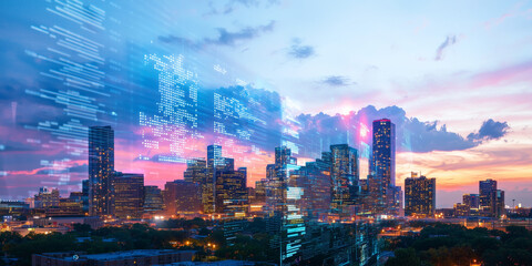 Poster - vibrant city skyline at dusk with holographic projections illuminating sky, creating futuristic and dynamic atmosphere. blend of technology and urban landscape is captivating