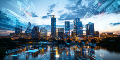 Poster - vibrant city skyline at dusk with holographic projections illuminating sky, reflecting on water below, creating futuristic and dynamic atmosphere