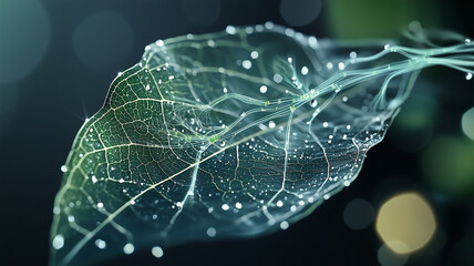 Poster - close up of plant leaf with droplets of water highlighting its intricate vein structure, creating delicate and ethereal appearance