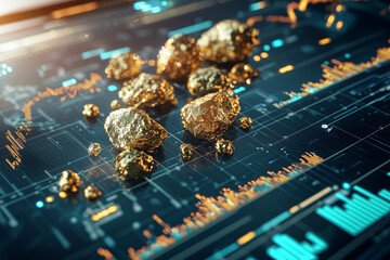 Poster - Gold nuggets rest on digital portfolio interface, symbolizing wealth and investment opportunities in futuristic financial setting. glowing graphs and data highlight market trends