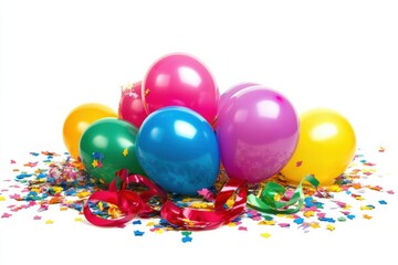 Poster - A festive assortment of balloons in various colors is surrounded by vibrant confetti and ribbons, perfect for any celebration. Generative AI