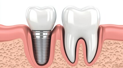 Poster - A single dental implant is carefully displayed next to a healthy tooth, emphasizing their structure against a clean white background. Generative AI