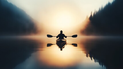 Wall Mural - Silhouette of a man kayaking on a calm lake at sunrise. Peaceful and serene scene.