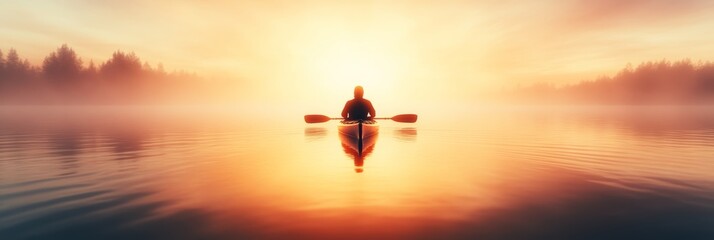 Silhouette of a person kayaking on a calm lake at sunrise. Golden hour light bathes the scene in warm tones, creating a serene and peaceful atmosphere.