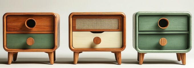 Three mid-century modern wooden nightstands with two drawers, different colors and textures.