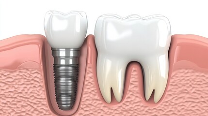 Poster - This rendering showcases a single dental implant alongside a healthy tooth, illustrating the contrast between dental solutions and natural teeth. Generative AI