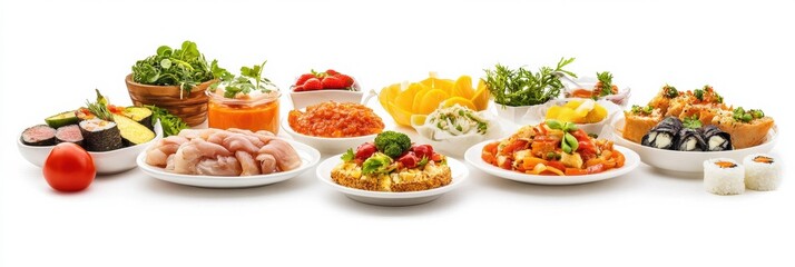 Poster - A variety of Italian, Japanese, and Mexican dishes beautifully arranged with plenty of space for creative text or captions. Generative AI