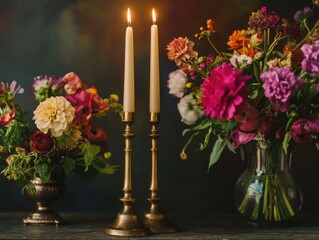 Wall Mural - Group of vases with flowers and candle