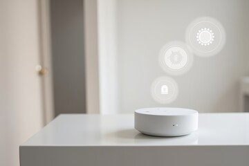 Poster - Modern Smart Home Device with Hologram Features for Enhanced Home Automation and Connected Living Experience in a Minimalist Environment