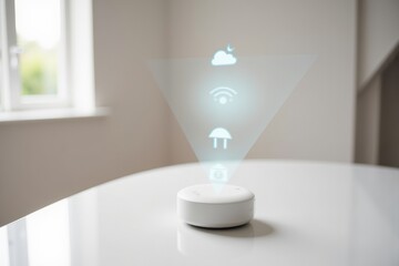 Poster - Smart Home Technology with Holographic Display Projecting Icons for Weather, Connectivity, and Camera Functionality in Modern Interior Design