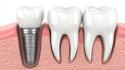 Aufkleber - Detailed portrayal of a dental implant located adjacent to a healthy tooth, emphasizing dental health and restoration processes clearly. Generative AI