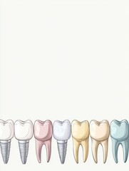 Aufkleber - Visual displays a series of healthy teeth alongside colored dental implants, designed on a clean white background, allowing space for additional text. Generative AI
